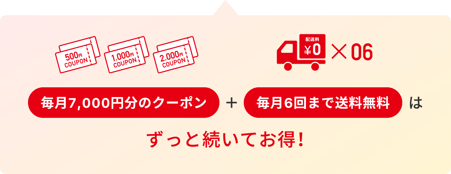 毎月7,000円分のクーポン+毎月6回まで送料無料はずっと続いてお得!