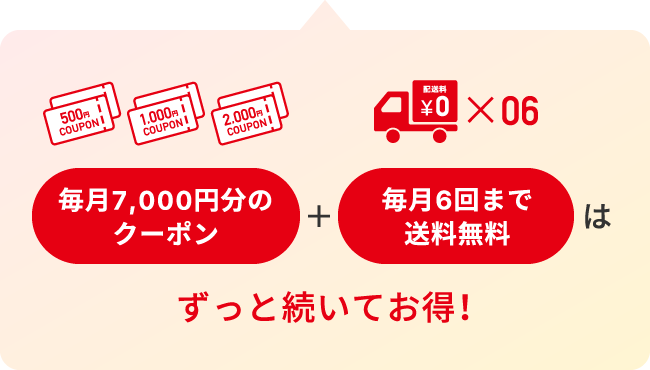 毎月7,000円分のクーポン+毎月6回まで送料無料はずっと続いてお得!